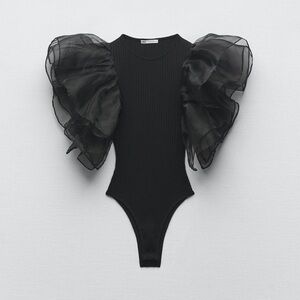 Zara tulle ruffled black rubbed bodysuit  sleeveless top